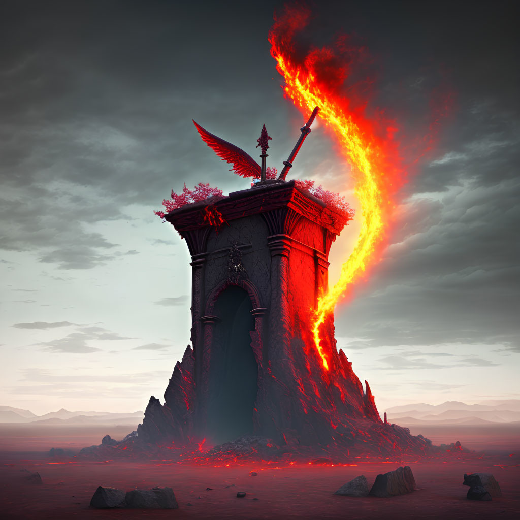 Fantastical tower with sword, swirling lava stream, dusky sky