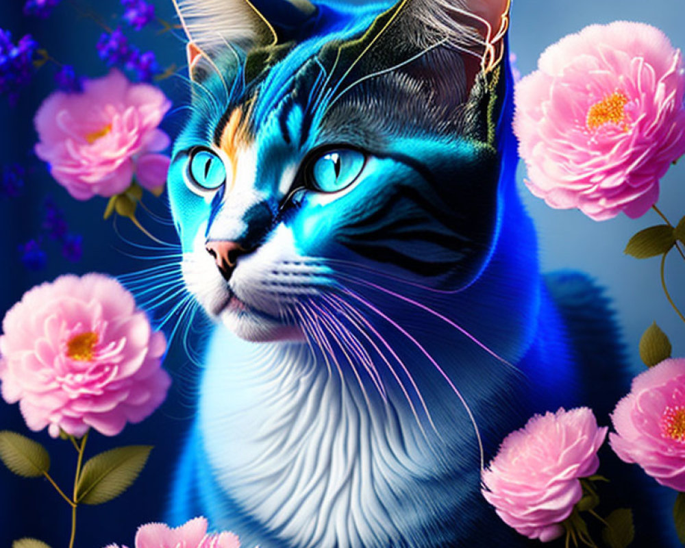 Colorful Digital Artwork: Blue Cat with Glowing Eyes and Pink Peonies