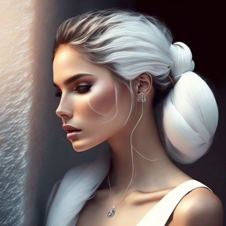 Digital artwork: Woman with silver-white hair in sleek bun, detailed with subtle shades and highlights, ex