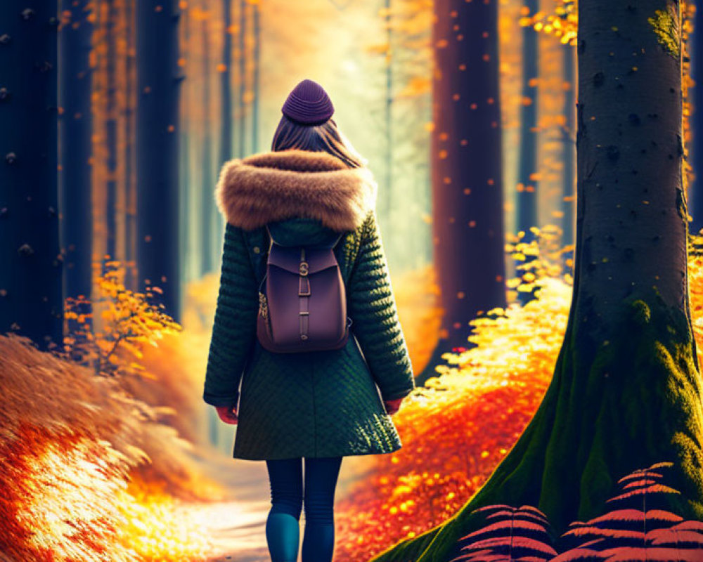 Person in Winter Coat Walking Through Sunlit Autumn Forest