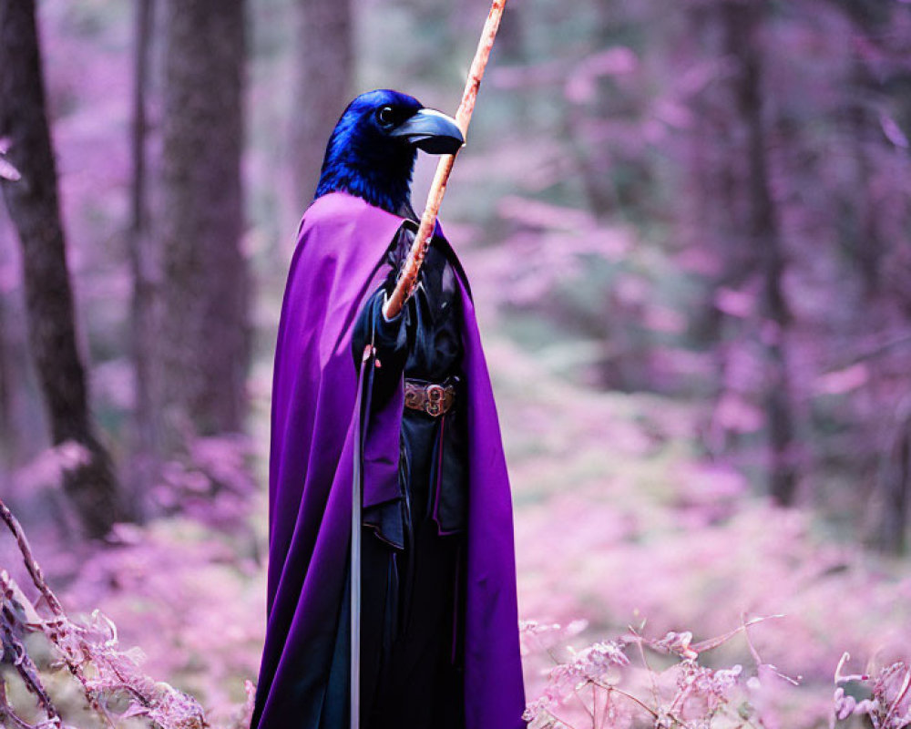 Person in purple cloak with raven mask holding staff in mystical forest.