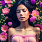 Woman relaxing in colorful flower field with closed eyes and soft pink dress