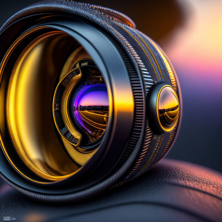 Sleek camera lens with golden details reflecting sunset hues