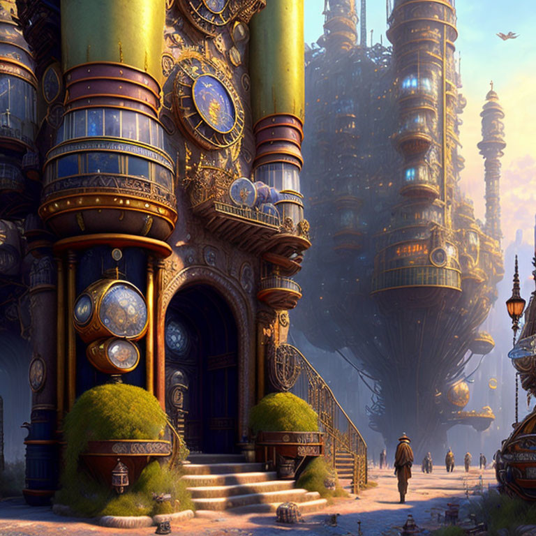 Ornate Steampunk Cityscape with Clockwork Towers and Airships