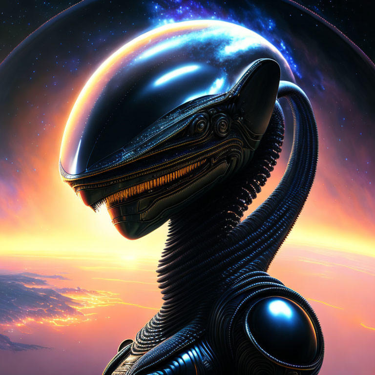 Alien in dark exosuit and reflective helmet against cosmic scenery