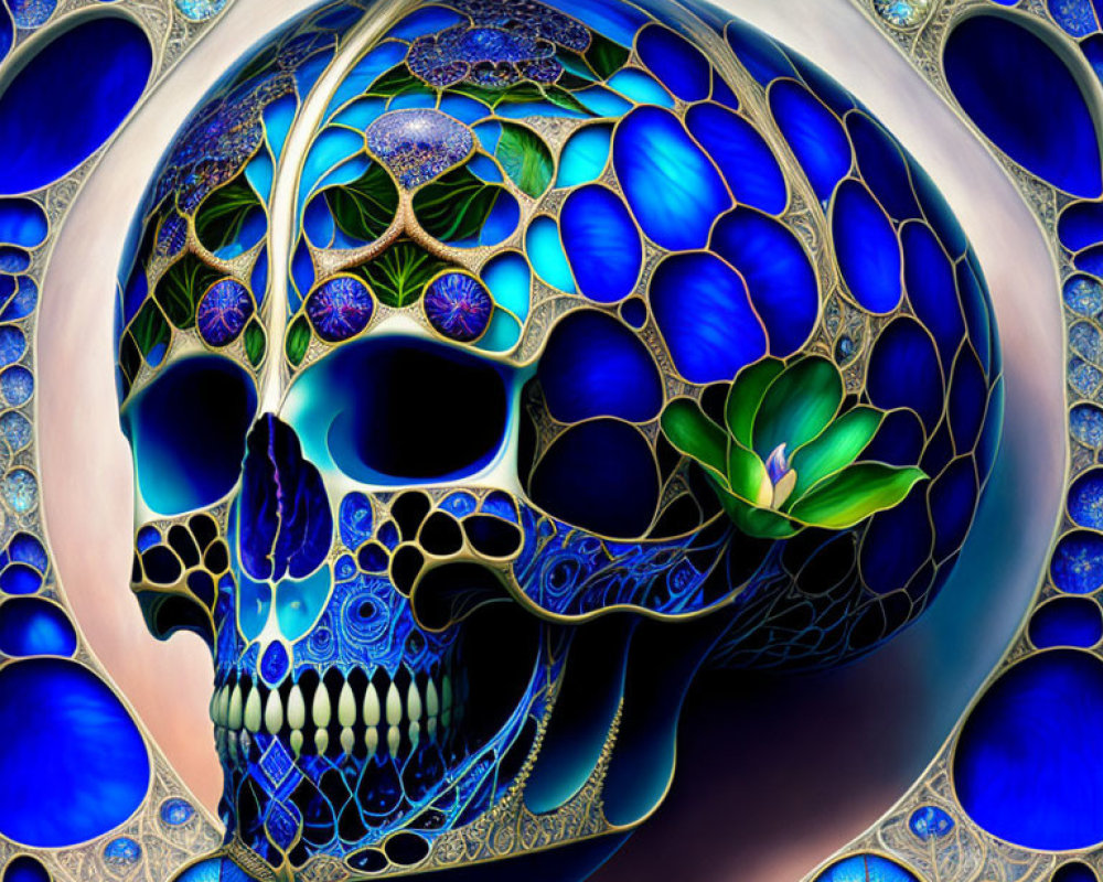 Intricate Blue and Purple Skull Fractal Art with Circular Motifs
