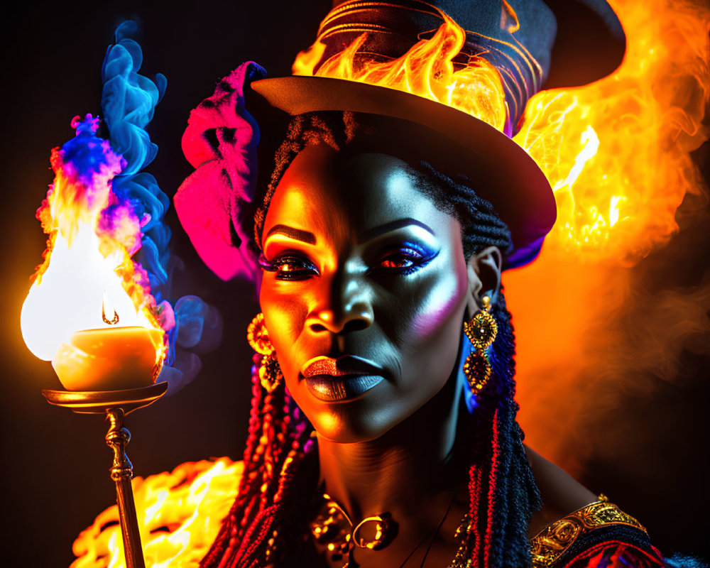 Woman in top hat with dramatic makeup amidst vibrant flames holding candelabra