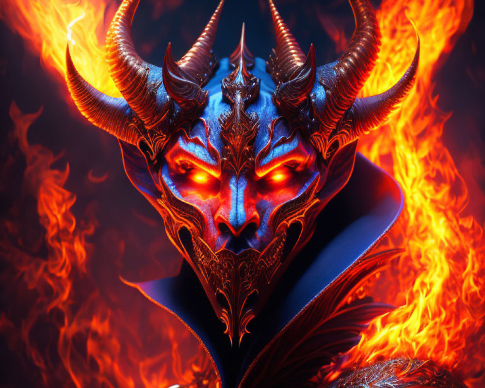 Fiery demonic figure with glowing red eyes and intricate armor in flames