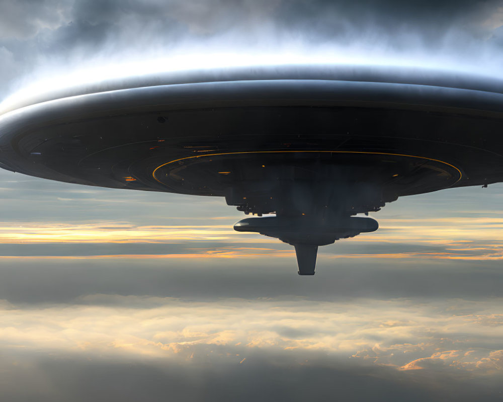 Futuristic UFO hovering in cloudy sky with sun rays.