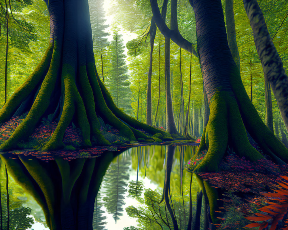 Lush forest with tall trees and serene water under dappled sunlight