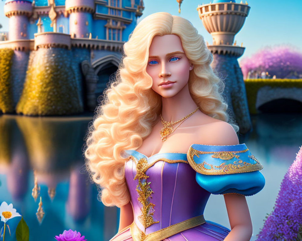 Blonde Female Character in Golden Corset Dress in Fantasy Castle