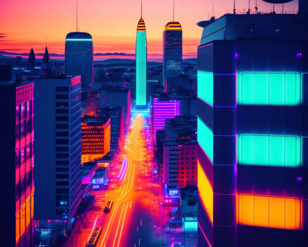 Vibrant cityscape at dusk with neon lights and skyscrapers under colorful sky