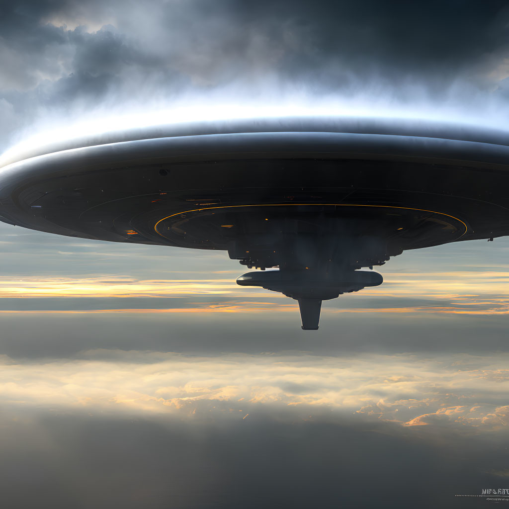 Futuristic UFO hovering in cloudy sky with sun rays.