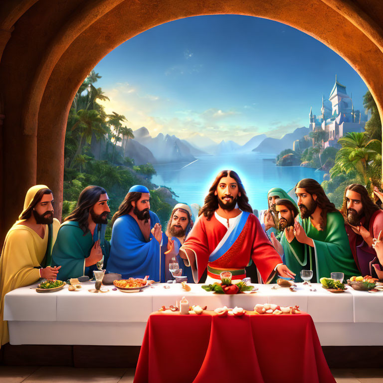 Animated Last Supper scene with Jesus and apostles in archway overlooking coastal castle