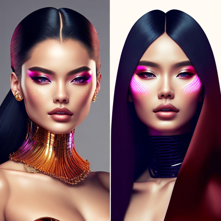 Stylized women in gold and black with striking makeup and sleek hair