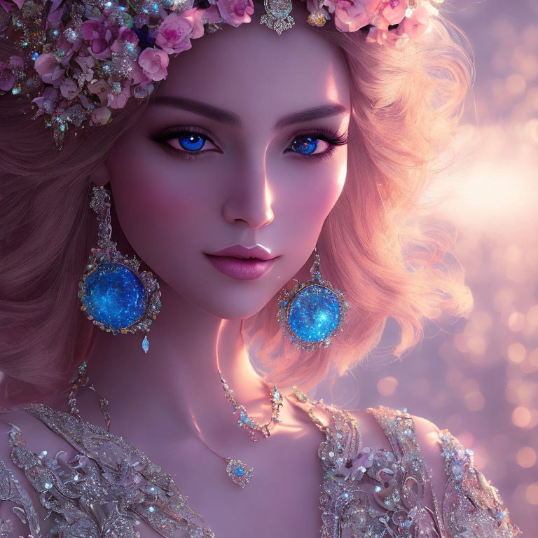 Portrait of woman with floral crown, blue gem earrings, and intricate jewelry on pink bokeh background
