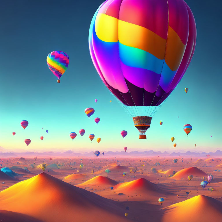 Vibrant hot air balloons over desert sand dunes at dawn or dusk