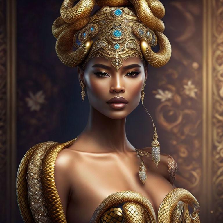 Regal Woman with Golden Snake Headdress and Powerful Gaze