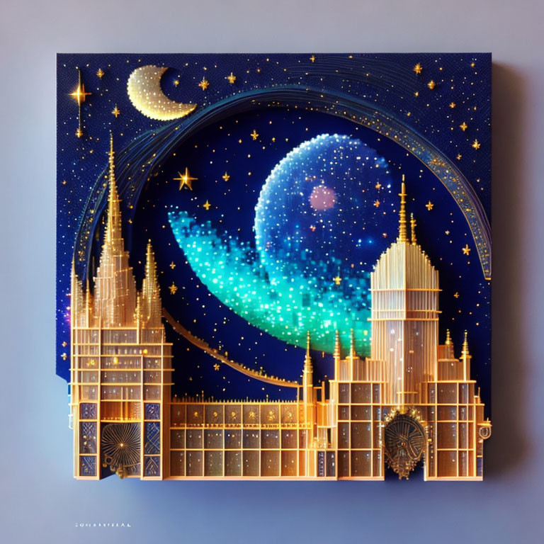 Golden architectural skyline in 3D pop-up book with night sky, stars, crescent moon.
