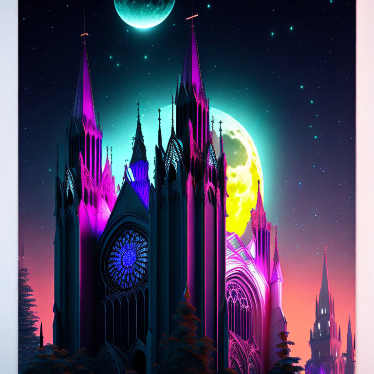Gothic cathedral silhouette on celestial backdrop with moon and stars
