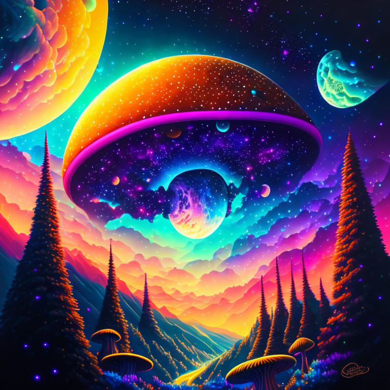 Surreal landscape with glowing mushrooms, towering pine trees, and UFO structure