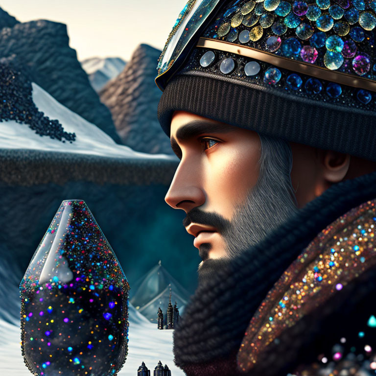 Regal Bearded Man Artwork with Shimmering Egg and Icy Mountains