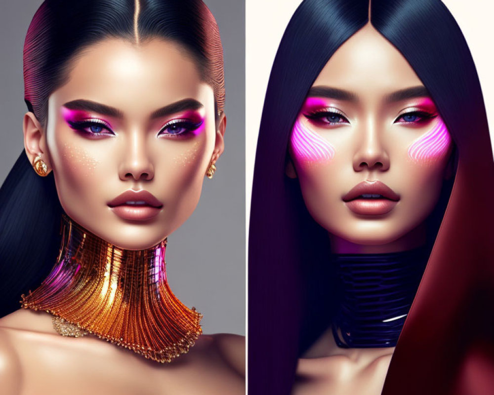 Stylized women in gold and black with striking makeup and sleek hair
