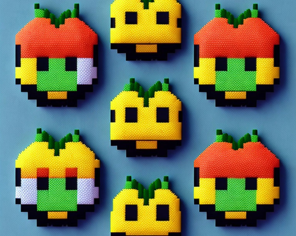 Six Colorful Smiling Strawberries Pixel Art on Teal Background