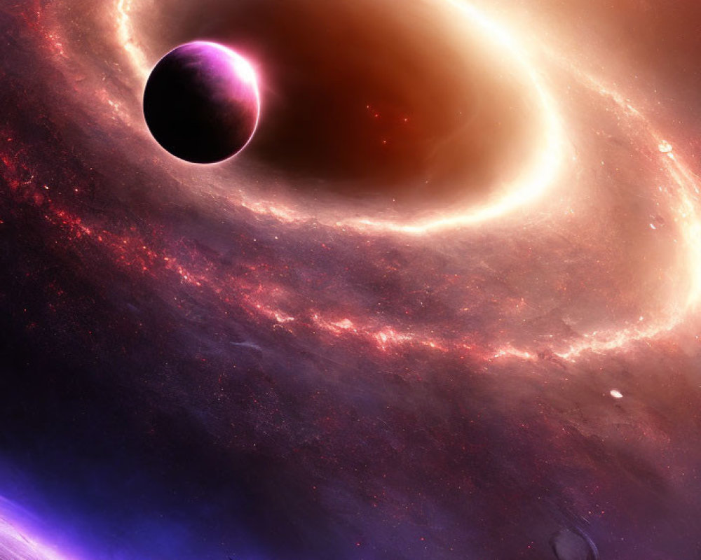 Colorful cosmic scene with black hole, glowing planet, and spaceship in starry expanse
