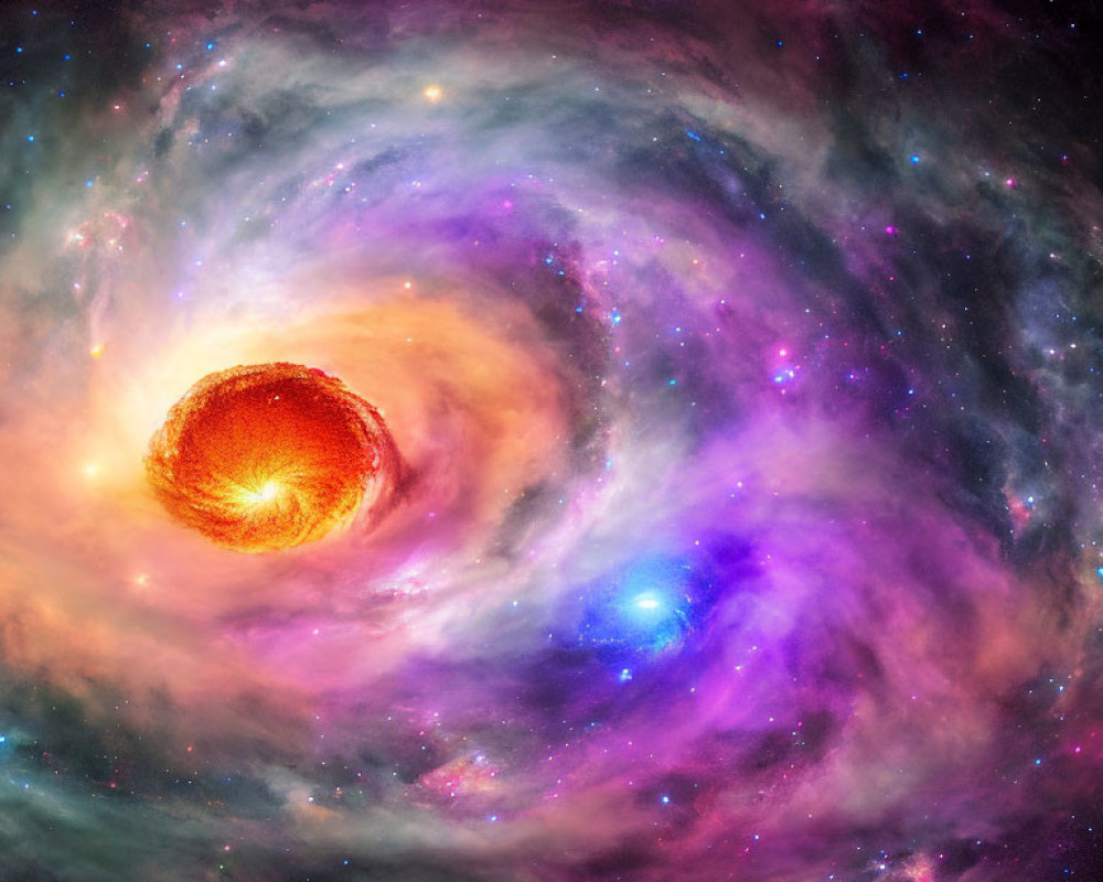 Swirling galaxy with orange star and colorful nebulous clouds