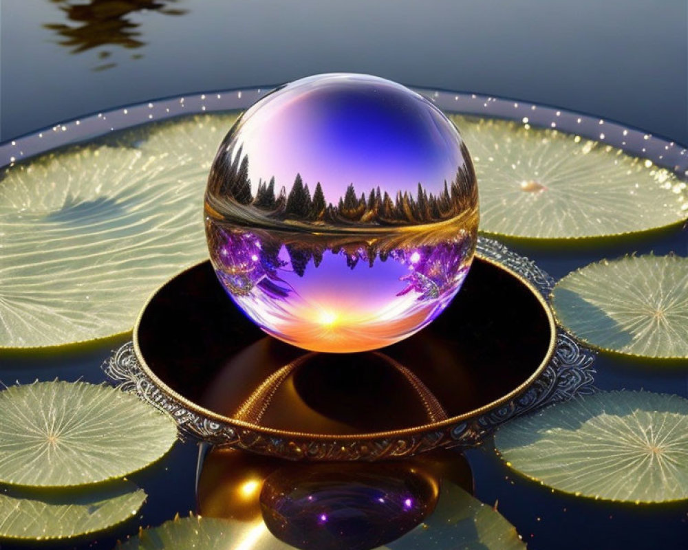 Vibrant crystal ball on mirrored surface with forest reflection and lotus leaves under twilight sky