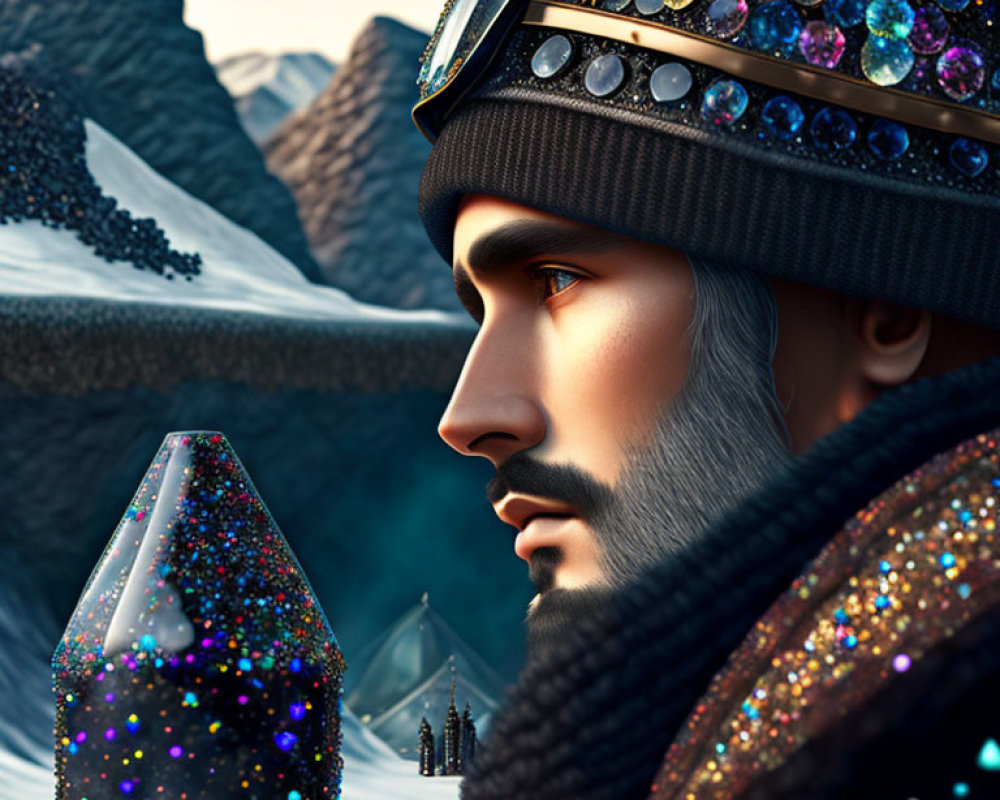 Regal Bearded Man Artwork with Shimmering Egg and Icy Mountains