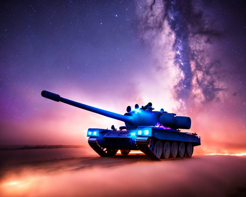 Armored tank with blue lights on smoky night battlefield under Milky Way