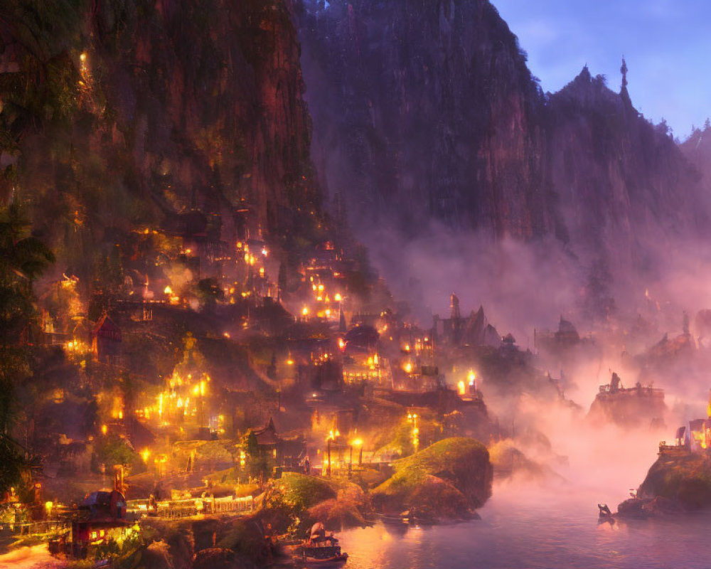 Misty mountain village at twilight with cozy, warmly-lit houses