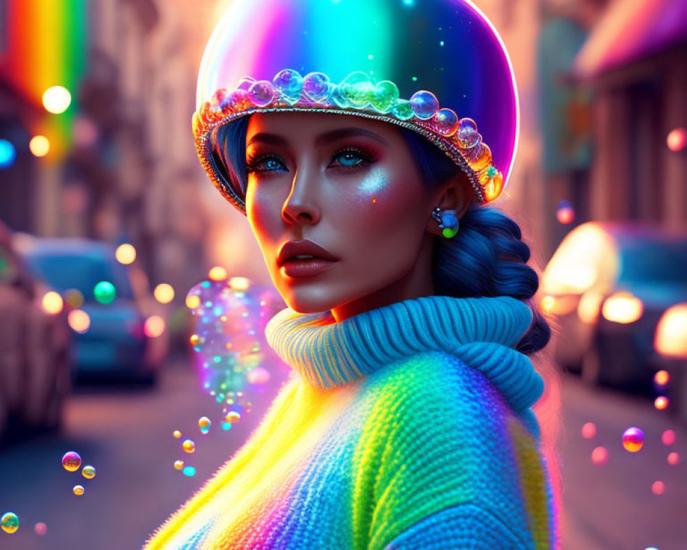 Vibrant makeup woman with shiny helmet in city street bubbles
