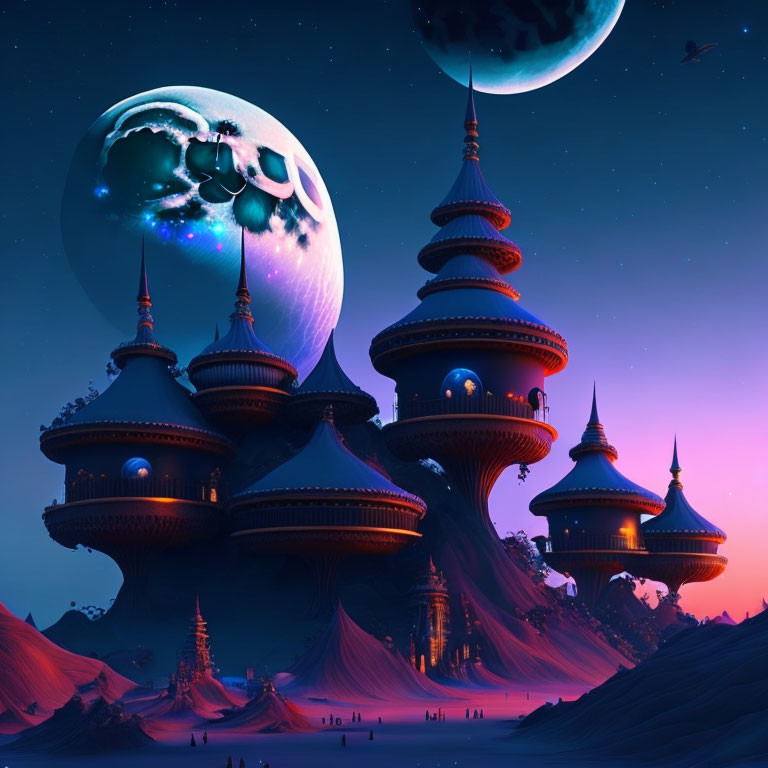 Ornate towers and large moon in fantasy twilight landscape
