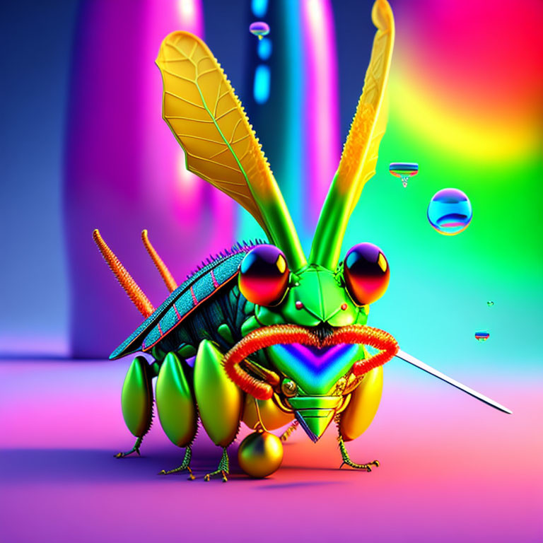 Colorful stylized grasshopper art on neon background
