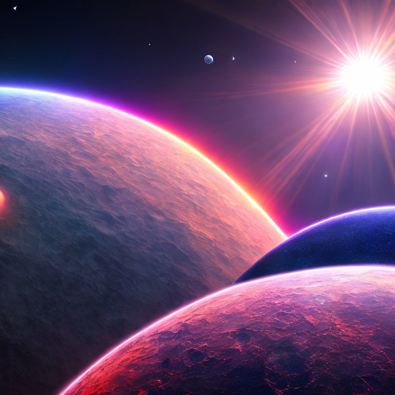 Sunrise over barren planet in vibrant space scene