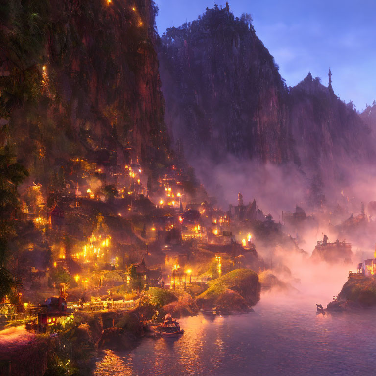 Misty mountain village at twilight with cozy, warmly-lit houses