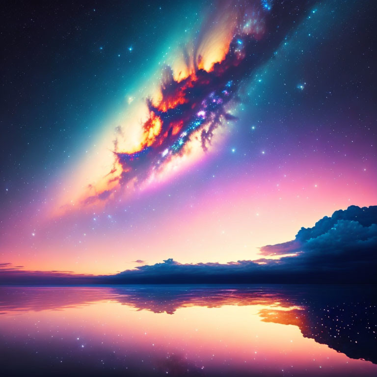 Colorful cosmic scene reflected in serene water