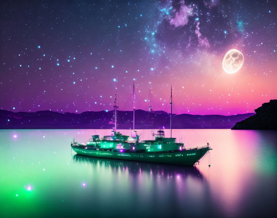 Starry night sailboat scene with full moon on calm waters