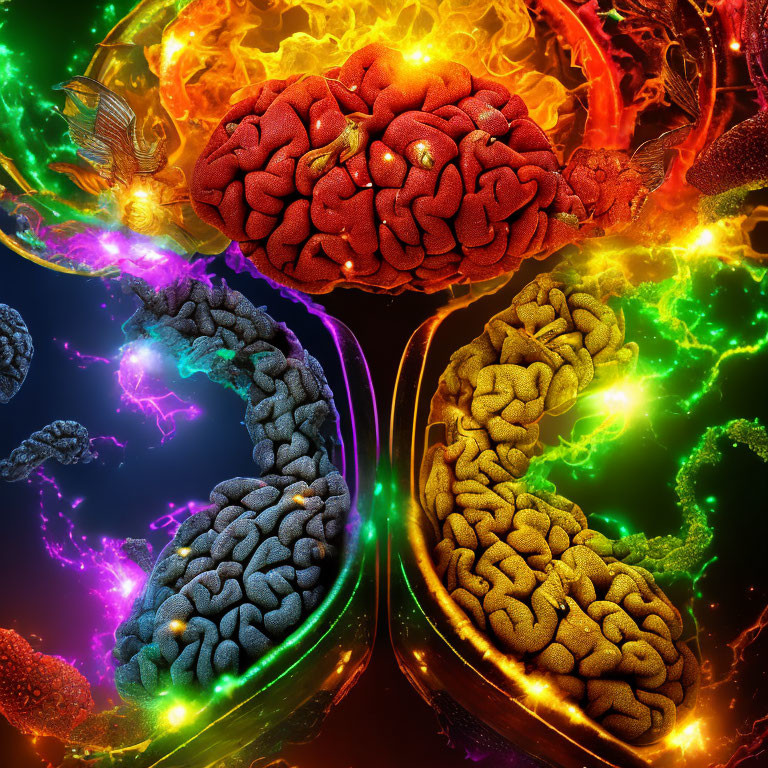 Vibrant Interconnected Glowing Brains on Dark Background