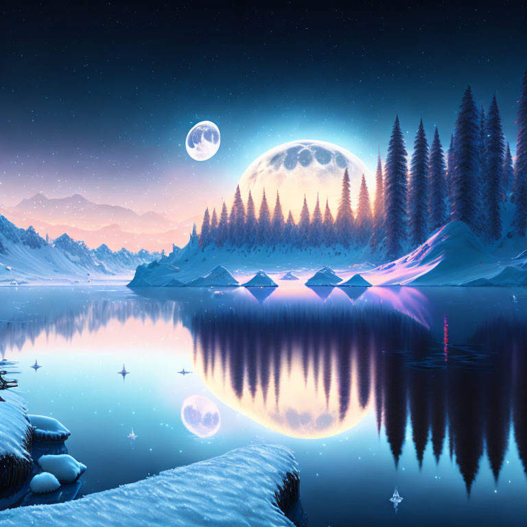 Serene night landscape with moonlit lake and snowy banks