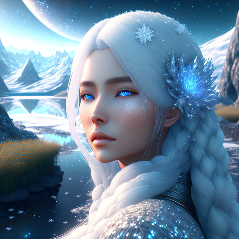 Detailed digital illustration of pale-skinned female with white braided hair, blue eyes, in snowy mountains