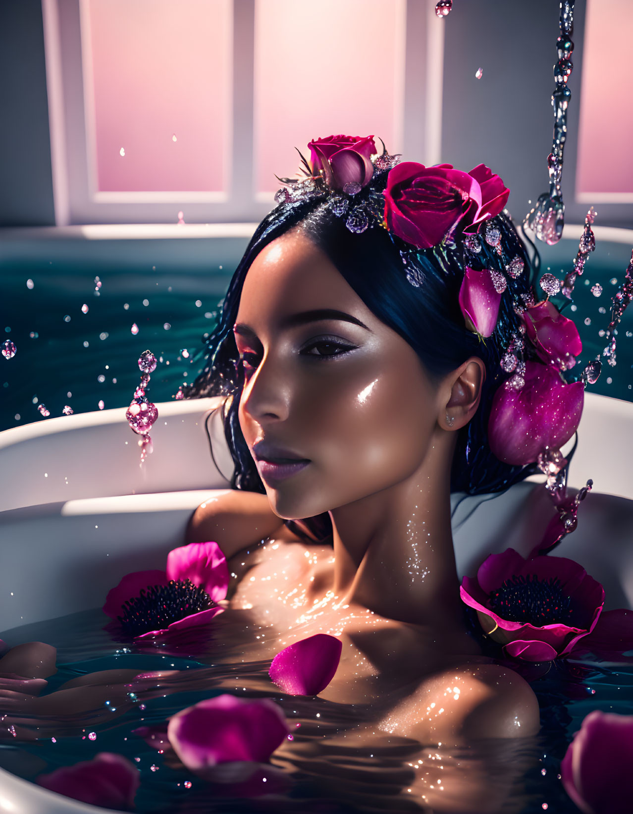 Young Women in Bathtub With Roses 