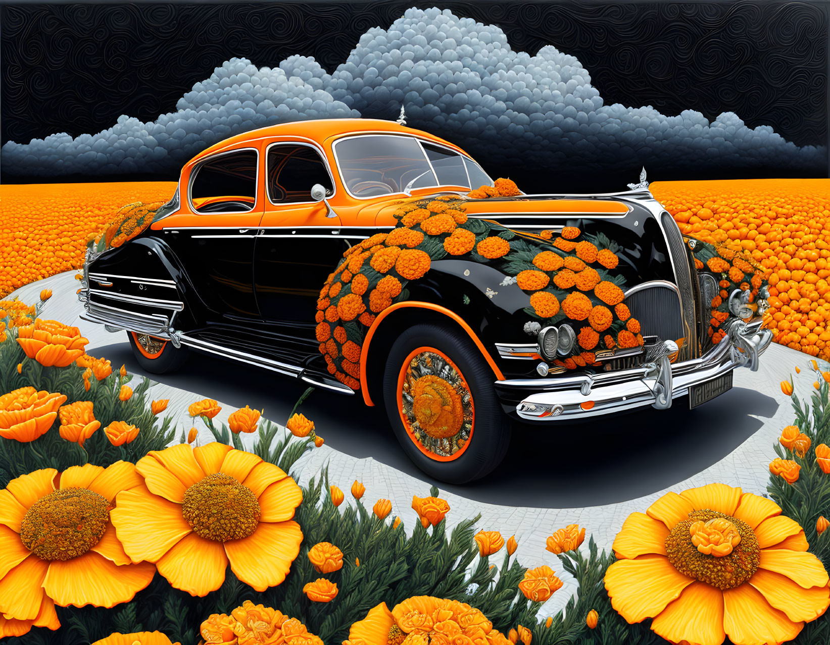 Vintage black and orange car with floral patterns in a vibrant setting