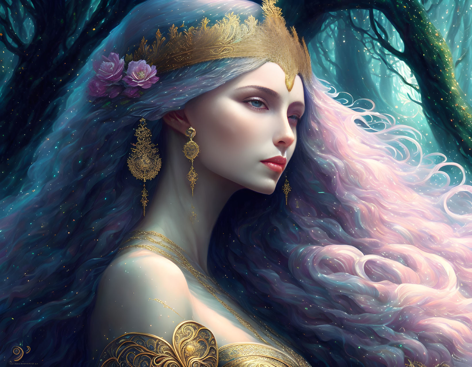 Fantasy woman with golden crown and violet hair in ethereal forest