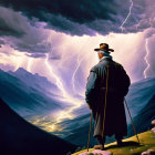 Person in Coat and Hat with Cane on Cliff in Front of Lightning Storm