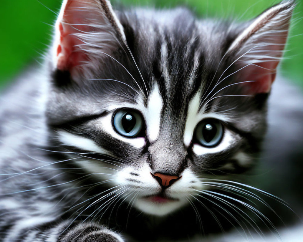 Fluffy black and white kitten with blue eyes and pink nose on green background