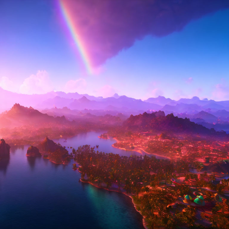 Scenic landscape with rainbow over serene lake, mountains, and trees at sunset